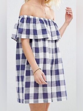 ASOS Navy and White Gingham Off-Shoulder Dress
